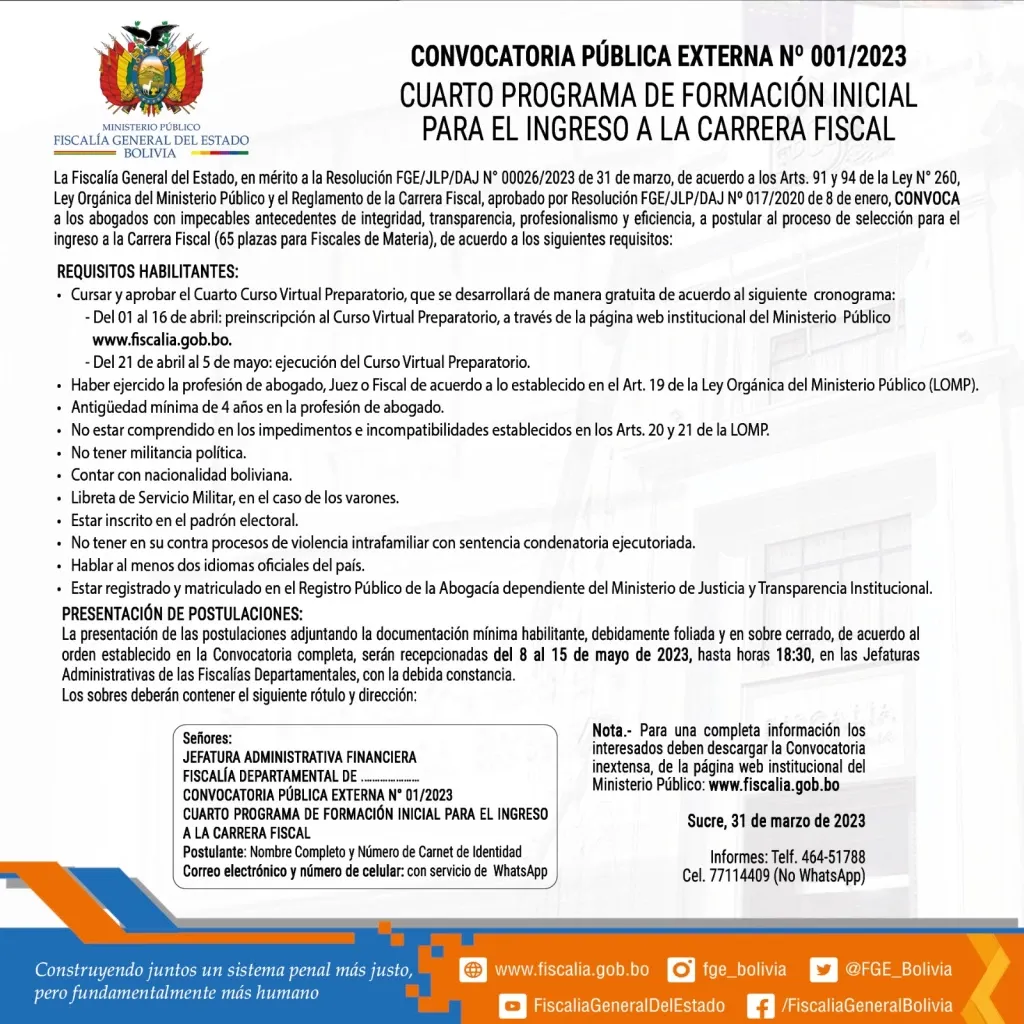 CONVOCATORIA PÚBLICA EXTERNA Nº 001/2023 CUARTO PROGRAMA DE FORMACIÓN INICIAL PARA EL INGRESO A LA CARRERA FISCAL