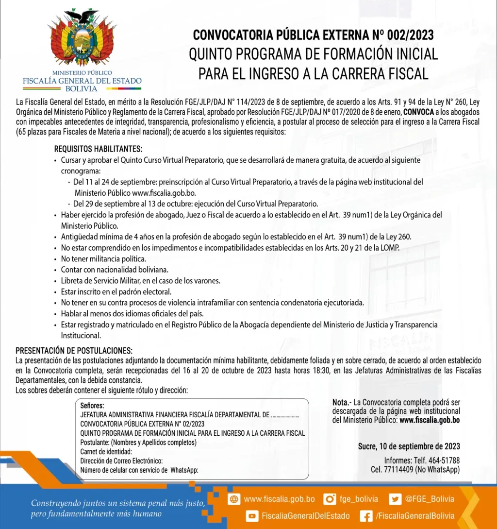 CONVOCATORIA PÚBLICA EXTERNA Nº 002/2023 QUINTO PROGRAMA DE FORMACIÓN INICIAL PARA EL INGRESO A LA CARRERA FISCAL