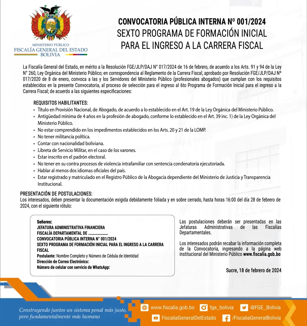 CONVOCATORIA PÚBLICA INTERNA Nº 001/2024 SEXTO PROGRAMA DE FORMACIÓN INICIAL PARA EL INGRESO A LA CARRERA FISCAL