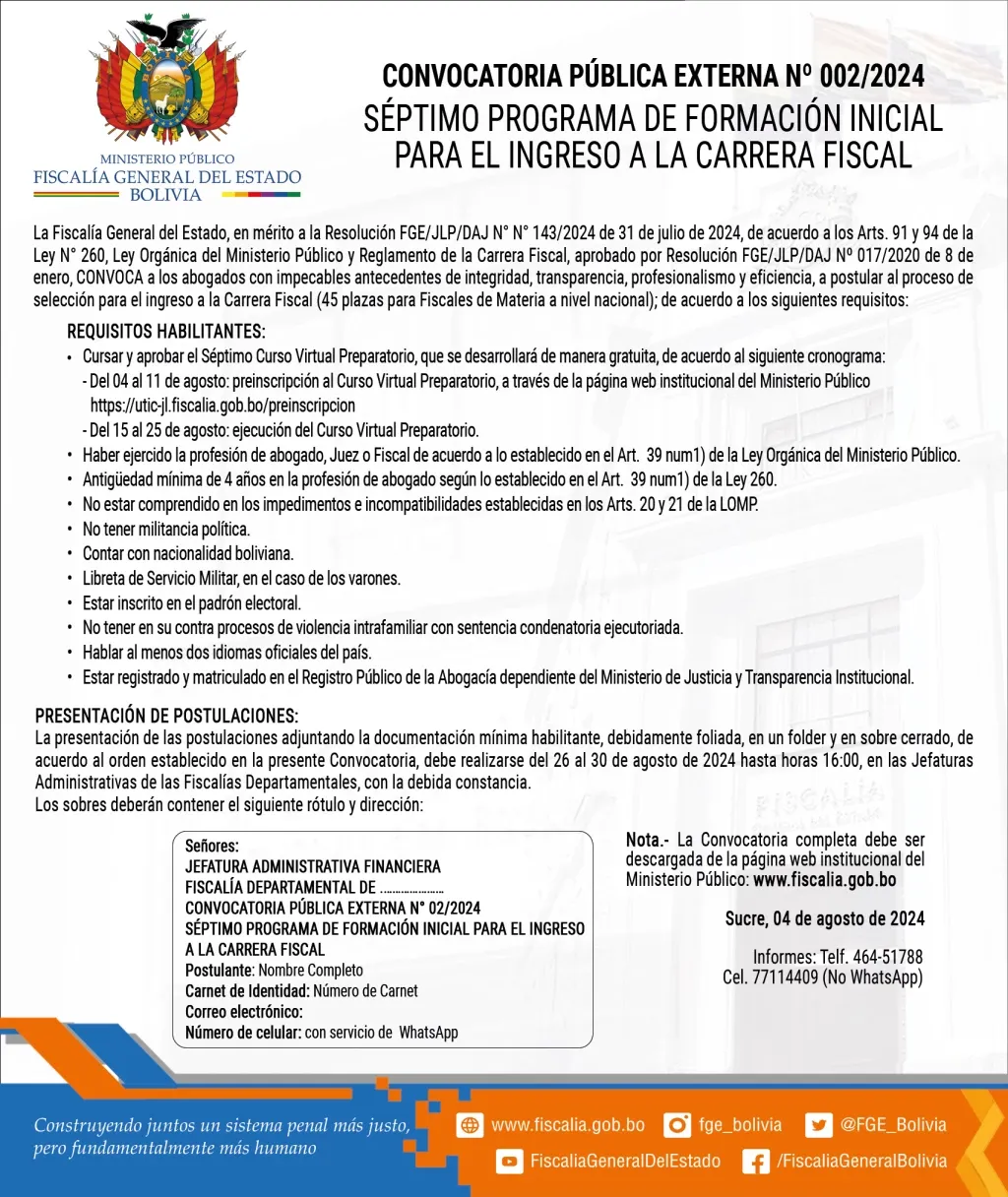 CONVOCATORIA PÚBLICA EXTERNA Nº 002/2024 SÉPTIMO PROGRAMA DE FORMACIÓN INICIAL PARA EL INGRESO A LA CARRERA FISCAL