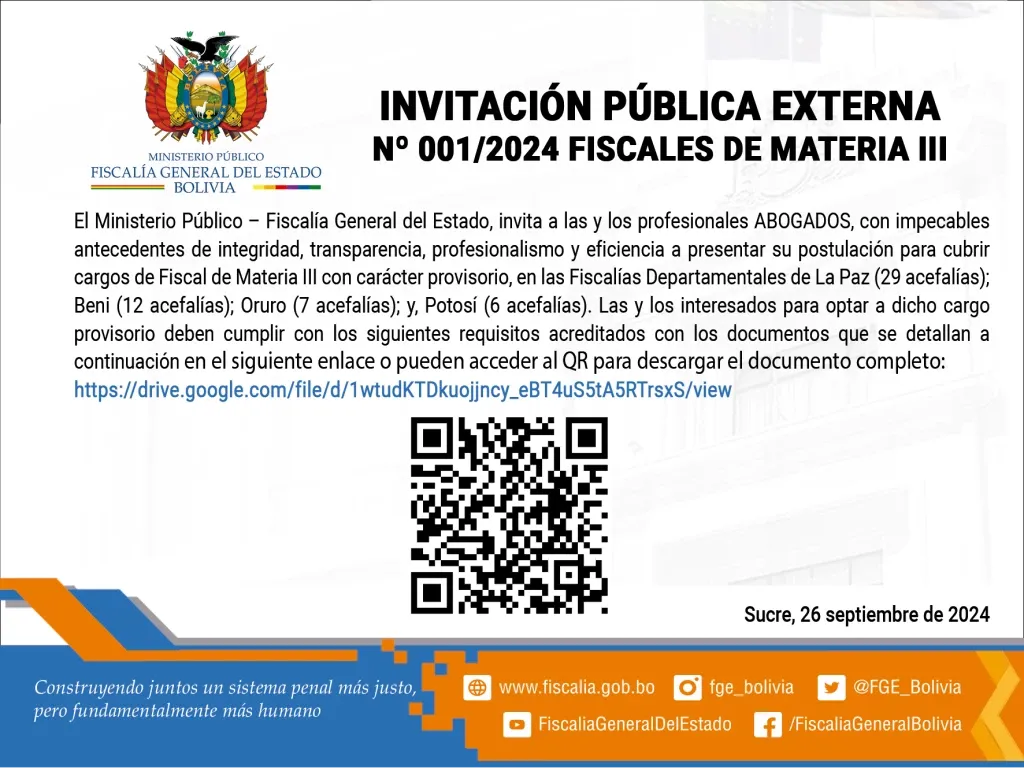 INVITACIÓN PÚBLICA EXTERNA Nº 001/2024 FISCALES DE MATERIA III