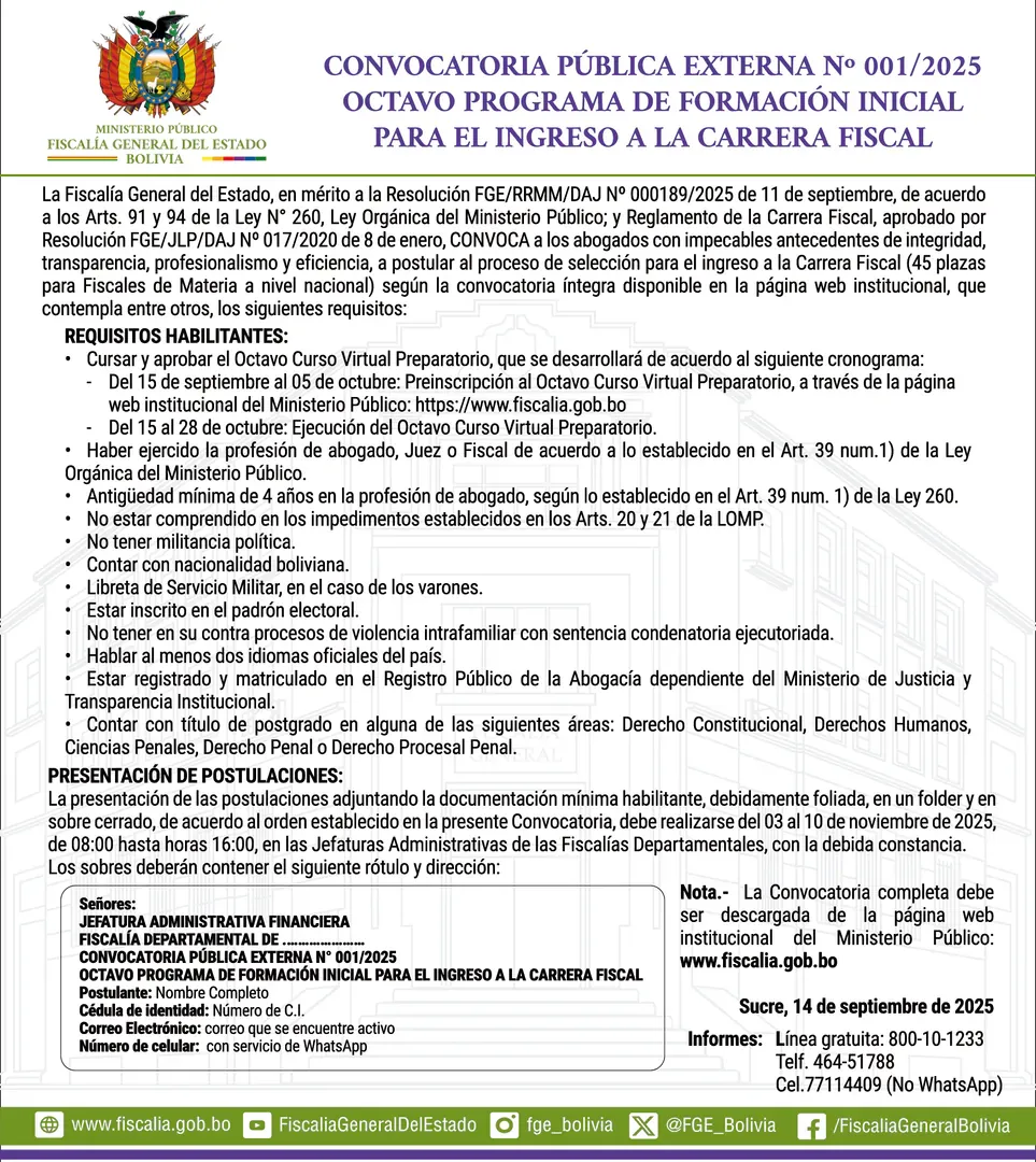 CONVOCATORIA PÚBLICA EXTERNA Nº 001/2025 OCTAVO PROGRAMA DE FORMACIÓN INICIAL PARA EL INGRESO A LA CARRERA FISCAL