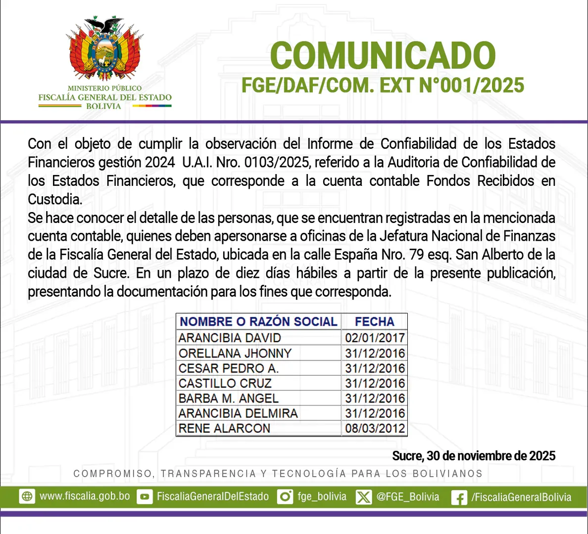 COMUNICADO FGE/DAF/COM. EXT N°001/2025